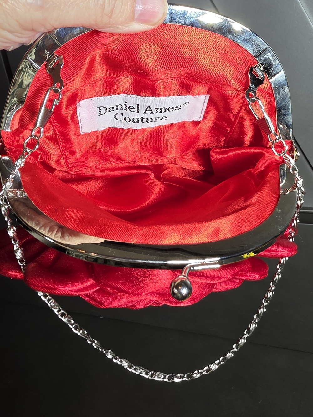 Daniel Ames Couture Vintage Red Floral Satin Kiss Lock Purse Rhinestone Silver - Picture 4 of 8